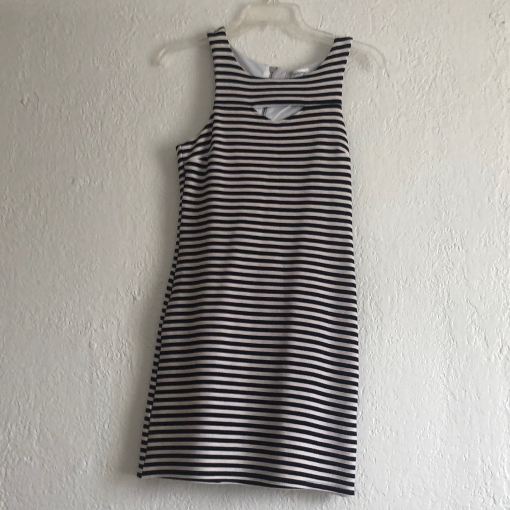 Women’s black and white striped dress.